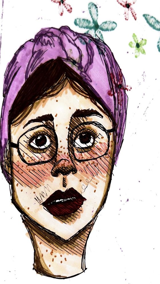 Hand-drawn portrait with glasses and purple head wrap